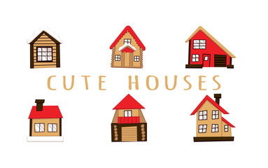 Set of houses front view. Isolated vector illustration.
