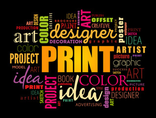 PRINT word cloud, creative business concept background - obrazy, fototapety, plakaty