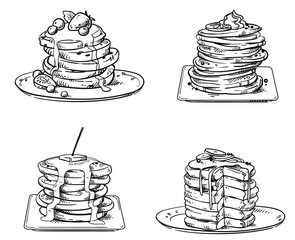 yummy pancakes with toppings, vector sketch - 286684615