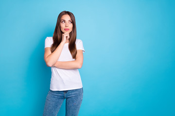 Portrait of nice-looking attractive lovely lovable curious sweet straight-haired girlfriend thinking creating new plan copy space isolated over bright vivid shine blue green teal turquoise background