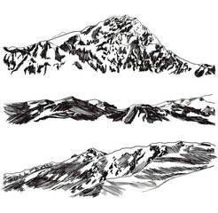 Vector Set of Hand Drawn Mountains Sketches, Black Scribble Freehand Drawings Isolated, Wild Nature Illustration.