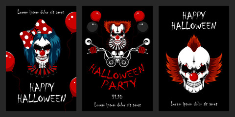 Set of vector halloween illustrations. Evil clowns. Design elements for cards, flyers, banners, invitations, posters, posters.