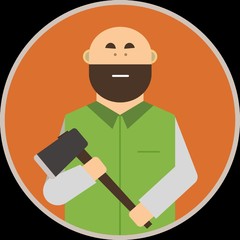 Orange background. On an orange background is a lumberjack in a green shirt with an ax.