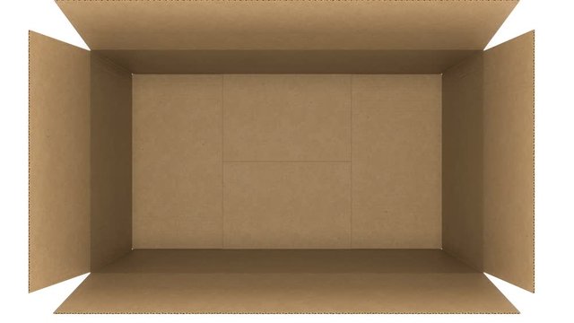 Top View of Cardboard Box Opening and Closing on White and Black Backgrounds with Alpha Mask Seamless. Looped 3d Animation of Storage Box. Delivery Concept. 4k Ultra HD 3840x2160.