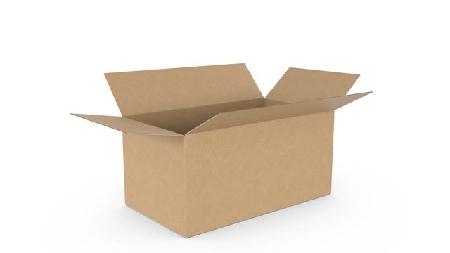 Cardboard Box Falling Down, Opening and Closing on White Backgrounds with Alpha Mask. 3d Animation of Storage Box. Delivery Concept. 4k Ultra HD 3840x2160.