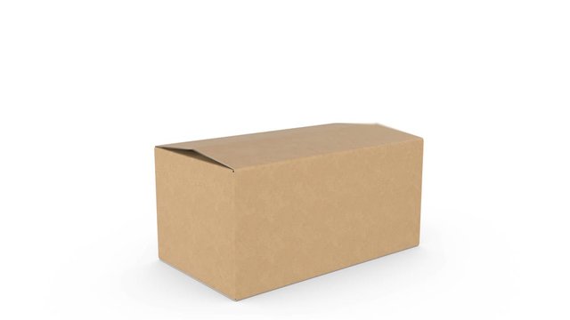 Beautiful Cardboard Box Fast Fall Down, Opening and Closing on White Backgrounds with Alpha Mask. 3d Animation of Storage Box. Delivery Concept. 4k Ultra HD 3840x2160.