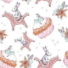 Watercolor seamless pattern. Wallpaper with party cupcakes, biscuits and fantasy cute bunneis cartoon animals on white background. Hand drawn vintage texture.