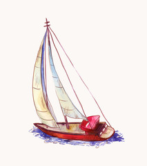 Vector watercolor red sailboat isolated on white. Seascape scene in sketch style