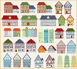 Set of vector houses and buildings in European style on a light background.European architecture.