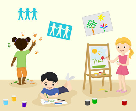 Kids in kindergarden draw and paint in art class vector illustration. Pre-school children painting and drawing pictures, cartoon kids characters poster.