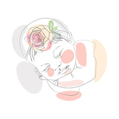 Vector illustration Cute baby boy or girl, celebtation party invitation. Lovely sleeping curled baby. Line style on white background with bright spots