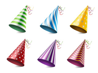 Colorful party hats realistic vector illustrations set