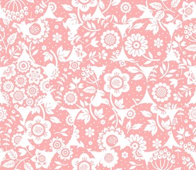 Floral white pattern, seamless, pink circles, white background, flat, vector. Fabulous decor. Color, floral ornament. 