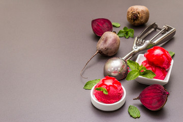 Beet ice cream, sorbet, gelato, sweet icing. Summer healthy refreshment dessert