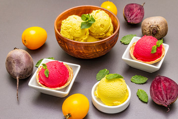 Assorted of beet and tomato ice cream, sorbet, gelato