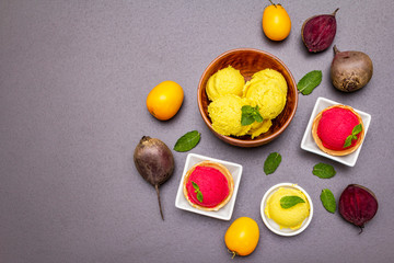 Assorted of beet and tomato ice cream, sorbet, gelato