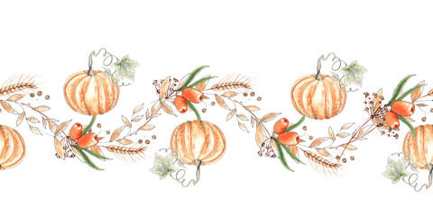 Watercolor autumn seamless borders with orange and green pumpkins, leaves, branches, berries and textures