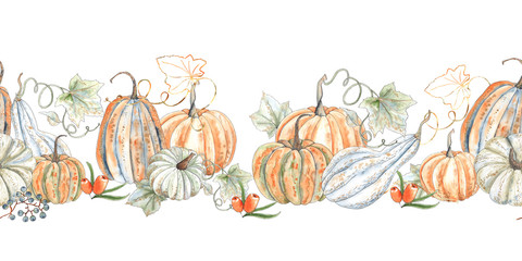 Watercolor autumn seamless borders with orange and green pumpkins, leaves, branches, berries and textures