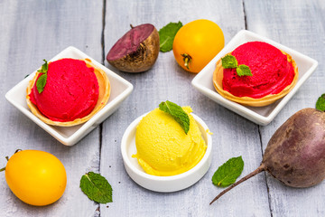 Assorted of beet and tomato ice cream, sorbet, gelato