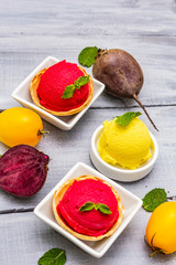 Assorted of beet and tomato ice cream, sorbet, gelato