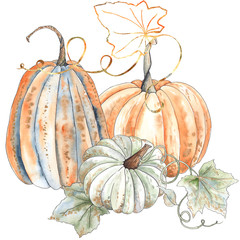 Watercolor autumn compositions with orange and green pumpkins, leaves, branches, berries