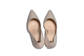 Stylish high heel shoes on white background, Top view. Flat lay.