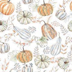 Watercolor autumn seamless patterns with orange and green pumpkins, leaves, branches, berries and textures
