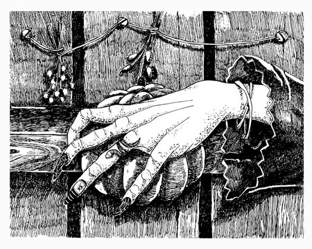 Vector illustration depicting the hands of a witch, a pumpkin, a closet, night, a bat, a snake, a potion, and gnarled fingers. Hand drawn graphic drawing for Halloween holiday design, banner,