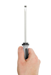 Obraz premium Male hand holding screwdriver on white background, top view