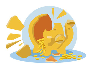 Broken piggy bank pig with coins and shards. Isolated on a white background. In minimalist style. Cartoon flat vector