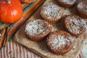 Desserts. Pumpkin muffins with seeds for Breakfast.