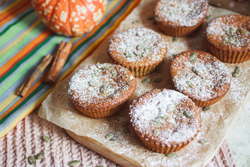 Desserts. Pumpkin muffins with seeds for Breakfast.