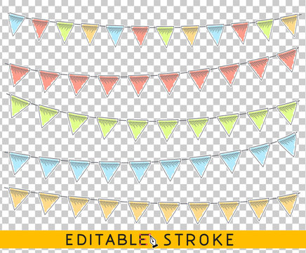 Blank flags banner, bunting scrapbooking templates for events, parties, Spring Easter or Birthday. Line drawing sketch. Editable stroke and brushes.