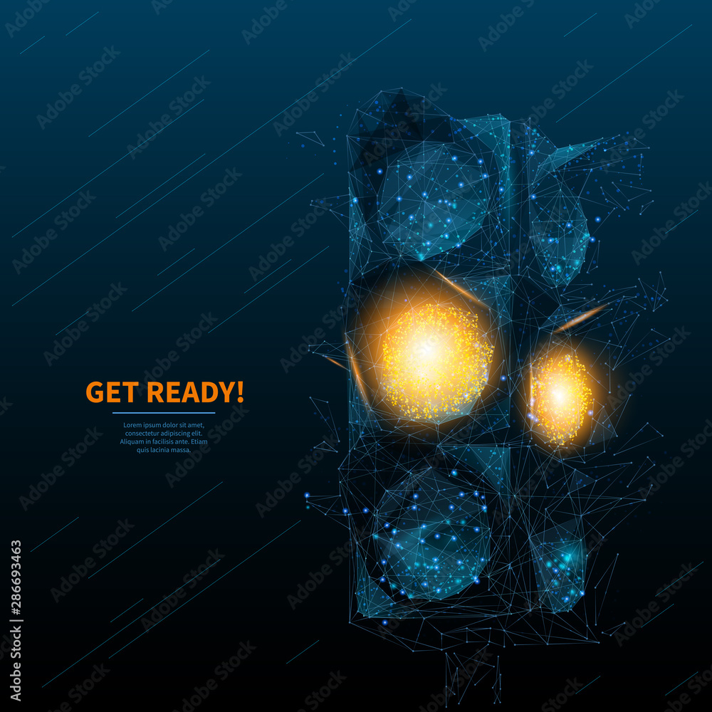 Aufkleber orange traffic light low poly wireframe banner template. 3d get ready sign, wait signal with connect