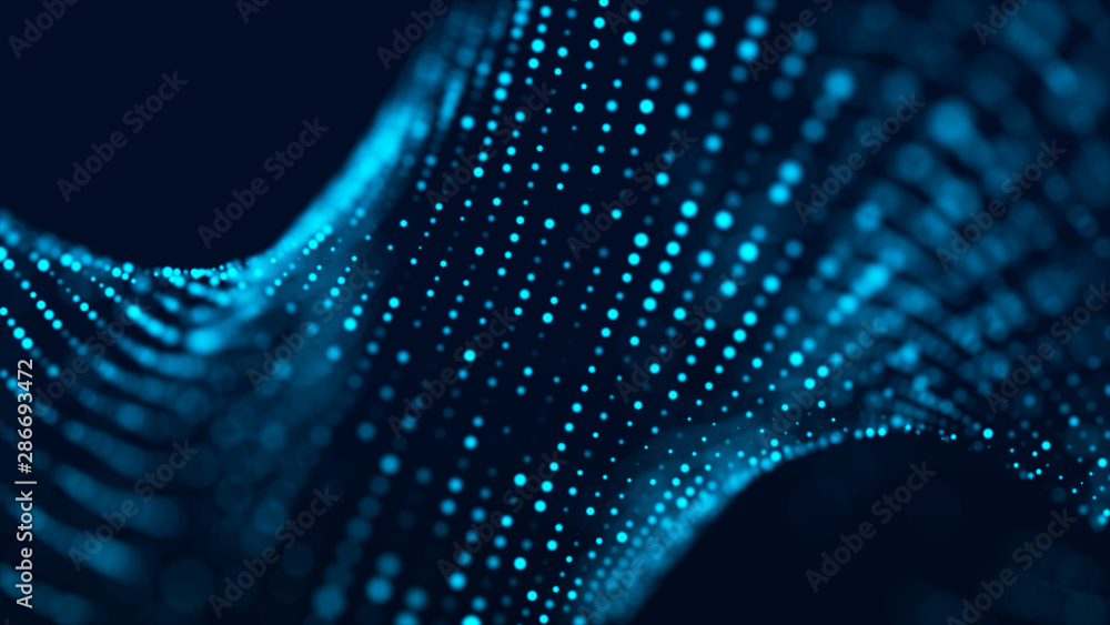 Poster Abstract background with the movement of luminous particles. Digital technology. 3D rendering.