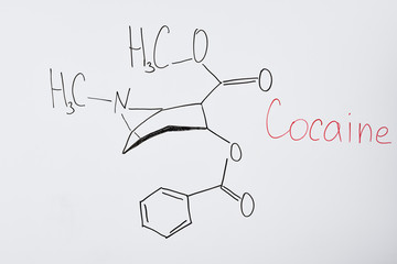top view of white board with chemical formula and lettering cocaine