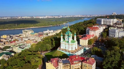 Aerial drone video Famous St. Andrews Church and panorama of Kyiv, Ukraine