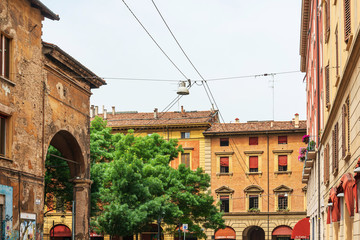 BOLOGNA, ITALY - May 27, 2018: Antique building view in Old Town Bologna, Italy