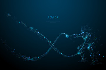 Power and strength low poly wireframe banner template. 3D strong sportsman exercising with heavy battle ropes with connected dots. Polygonal athlete gym training mesh art illustration