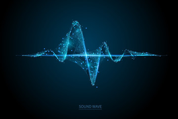 Sound wave low poly wireframe banner template. Polygonal illuminated media player digital equalizer mesh art illustration. 3D audio volume, music rhythm, heart beat with connected dots © AntonKhrupinArt