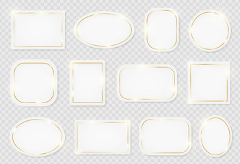 Gold shiny  vintage frames pack on white plates isolated on transparent background. Golden luxury realistic border set. Wedding, mothers or Valentines day concept. Xmas and New Year abstract. Vector