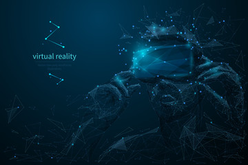 Virtual reality headset low poly wireframe banner template. Polygonal man wearing VR glasses mesh art illustration. VR games playing. 3D innovative modern technologies with connected dots