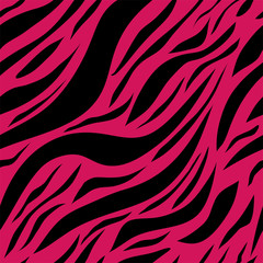 Zebra animal skin seamless pattern. Black and pink fabric design. Fashion textile printing abstract. Vector illustration