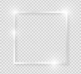 Silver shiny glowing vintage square frame with shadows isolated on transparent background. Platinum luxury realistic rectangle border. Vector illustration