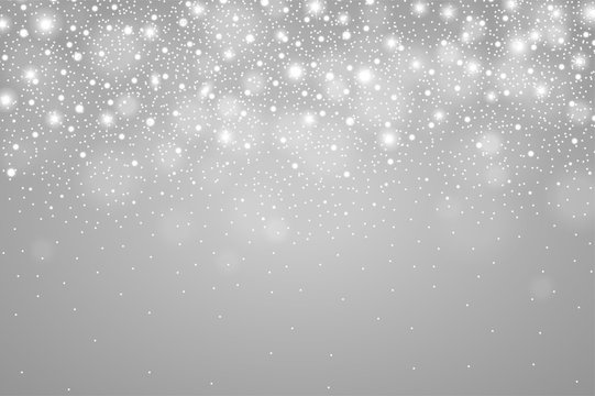 Winter glowing silver background of falling snow. Christmas and New Year card design. Realistic detailed snow fall abstract. Snowstorm, blizzard concept. Vector illustration