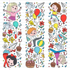 Vector illustration in cartoon style, active company of playful preschool kids jumping, at a party, birthday.