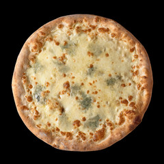 Delicious pizza Four Cheeses with cheddar, Parmesan, mozzarella and tomato sauce. Isolated on black.