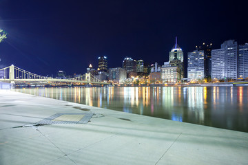 Downtown skyline and Roberto Clemente Bridge over Allegheny River, Pittsburgh, Pennsylvania, USA
