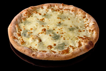 Delicious pizza Four Cheeses with cheddar, Parmesan, mozzarella and tomato sauce. Isolated on black.