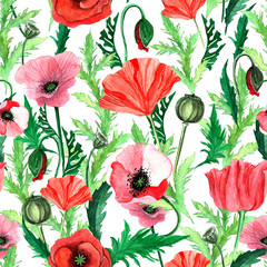 Watercolour poppies flowers seamless pattern.wild flowers meadow grass leaves and branches floral background.